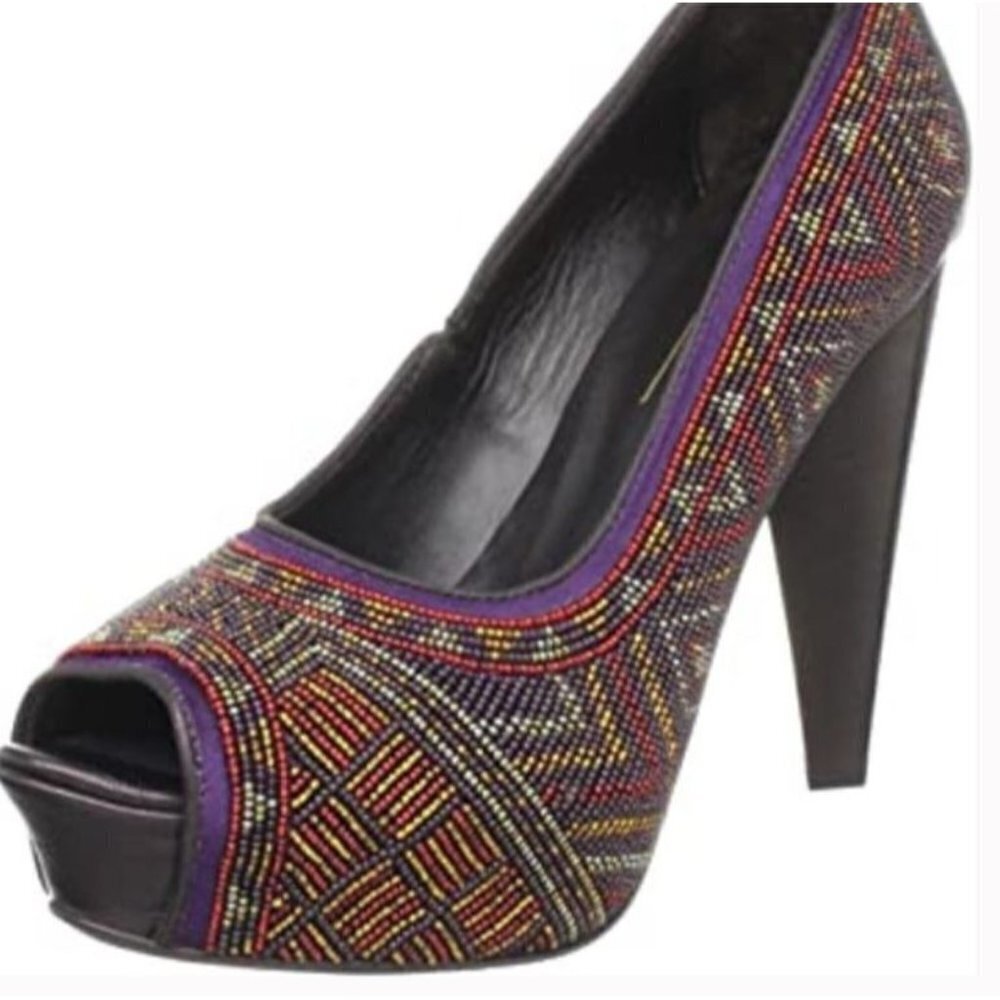 Donald J. Pliner CECI Purple Beaded Peep Toe Platform Heels Size 7.5 M Pumps
